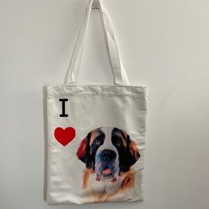 Artistic Dog Design Canvas Tote Bag—White with Red Heart